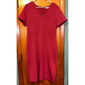 DE‎ Collection Red Short Sleeve V-Neck Office Career Sheath Dress Back Zip Large